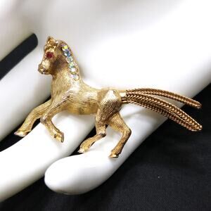 Vintage Horse Brooch, AB Rhinestones, Mesh Tassel Tail, 1960s Jewelry